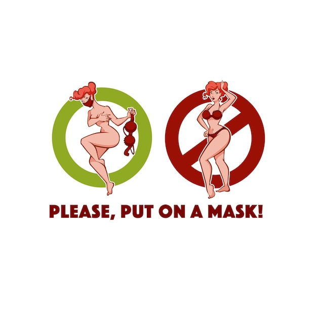 Zet alsjeblieft een masker op. Vectorwaarschuwingsborden met grappige pin-upmeisjes