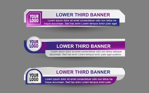 Vector zet banners en lager derde voor nieuwskanaal met paars en wit