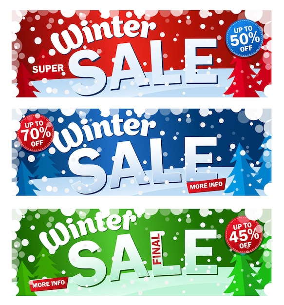 Zet een heldere horizontale verkoopbanner op een gekleurde achtergrond met sneeuwvlokken Tekst Winter super sale