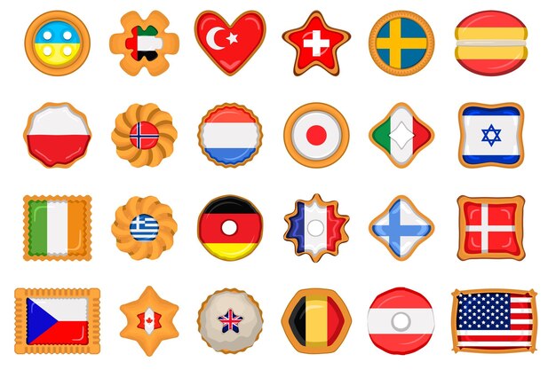 Vector zet een zelfgemaakte koekje met vlag land wereld in smakelijk koekje