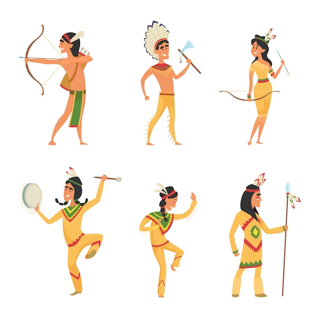 Zet personages in cartoon-stijl. traditionele amerikaanse indiër