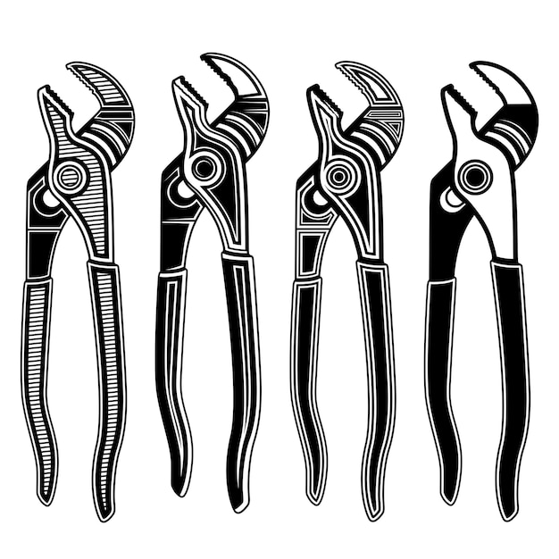 Zet zwarte groove tangen wrench monochrome icoon ontwerp vector illustratie