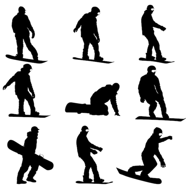 Zet zwarte silhouetten snowboarders op witte achtergrond