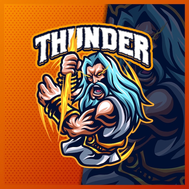 Vettore zeus thunder dio mascotte esport logo design illustrazioni modello vettoriale, grecia ancient gods logo per merch streamer gioco di squadra, stile cartone animato a colori