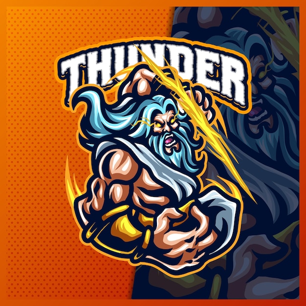 Zeus Thunder Godマスコットeスポーツロゴデザインイラストベクトルテンプレート、ギリシャ古代神のロゴチームゲームストリーマーグッズ、フルカラー漫画スタイル