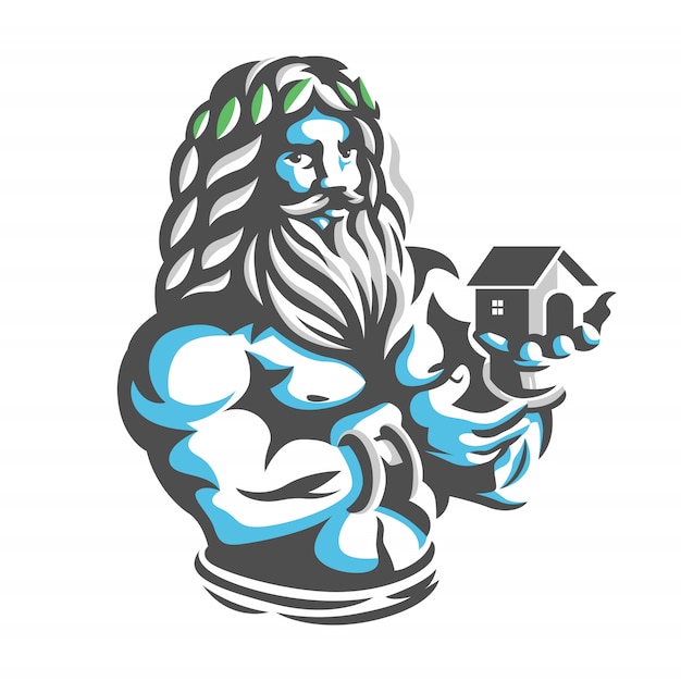 Зевс с домом в руке. иллюстрация логотипа для домашнего хозяйства.
