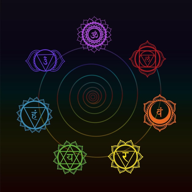 Vector zeven chakra mandala in cirkel met sanskriet symbolen op zwarte achtergrond spiraal voor meditatie