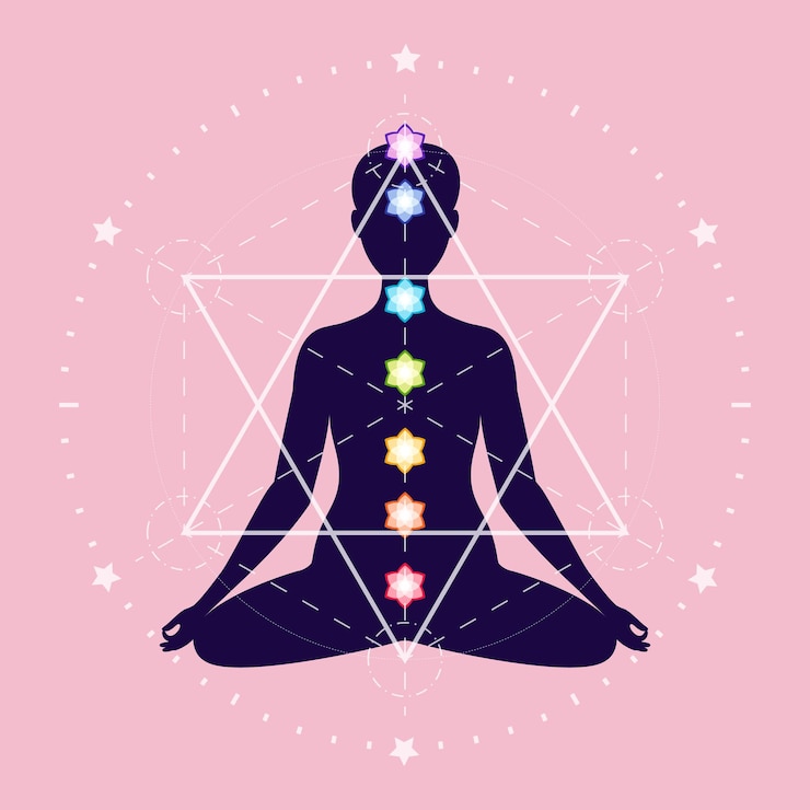 Vector zeven chakra's op mediterende yogi silhouet van een vrouw zittend in de lotushouding
