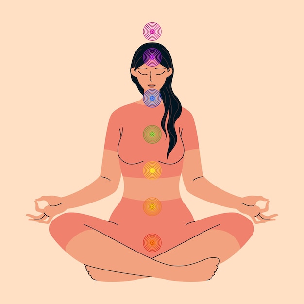 Zeven chakra's Reiki-energie De vrouw zit in lotushouding en mediteert