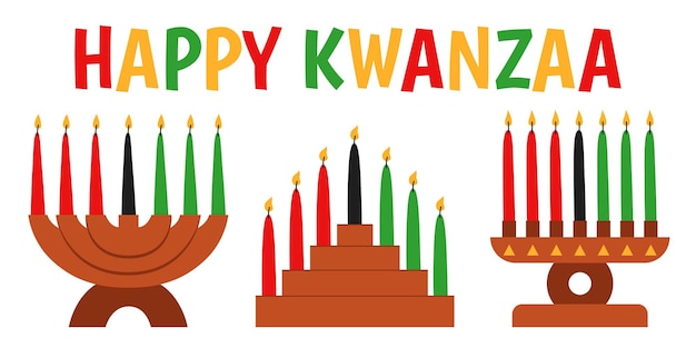 Zeven kaarsen in kinara Vector illustratie van Happy Kwanzaa Holiday Afrikaanse symbolen met letters op witte achtergrond