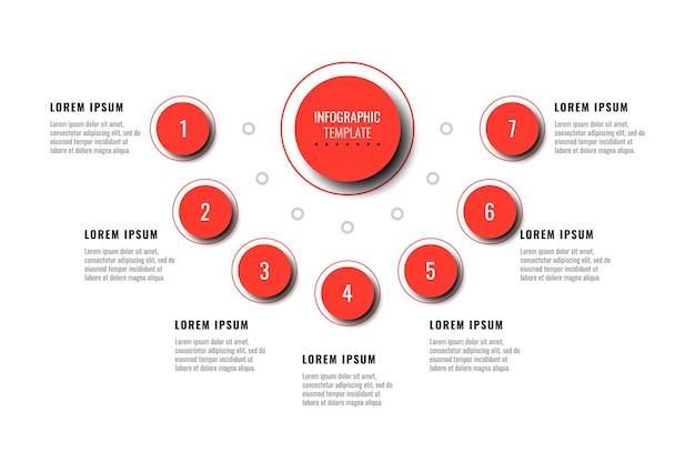 Zeven rode infographic elementen met realistische schaduw in horizontaal diagram op een witte achtergrond