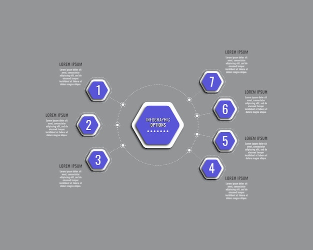 Zeven stappen infographic diagramsjabloon met violette zeshoekige elementen. Bedrijfsvisualisatie