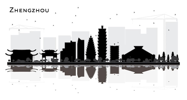 Vector zhengzhou china city skyline silhouette with black buildings and reflections isolated on white