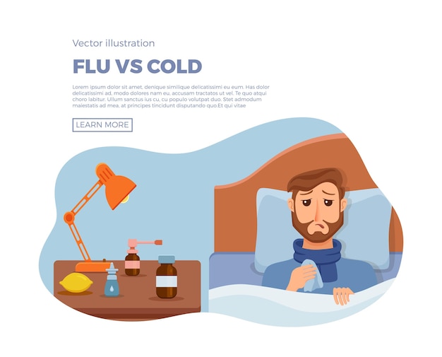 Zieke mannen in bed met de symptomen van verkoudheid, griep. Vector stripfiguur op kussen met deken en sjaal, geneeskunde, citroen, thermometer. Illustratie van ongezonde man met hoge koorts, hoofdpijn.