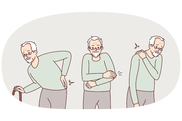 Zieke oude man lijdt aan gezondheidsproblemen Zieke volwassen grootvader worstelt