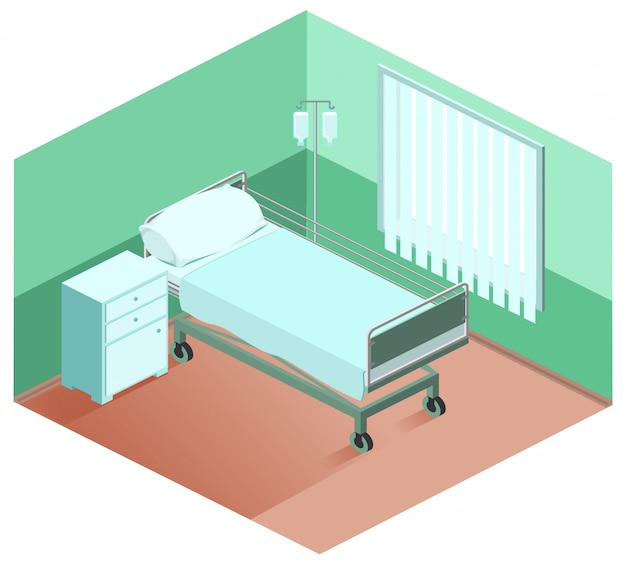 Ziekenhuisbed, nachtkastje, druppelaar. Medische apparatuur isometrisch