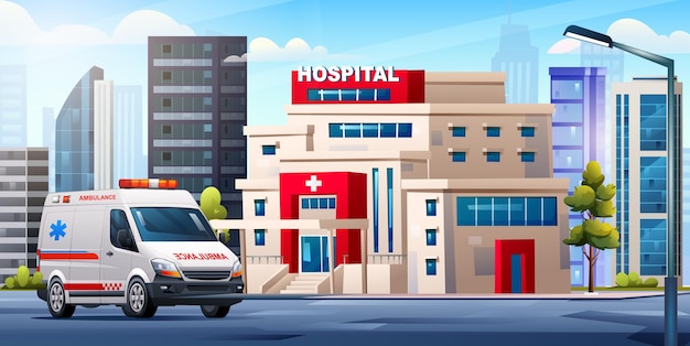 Ziekenhuisgebouw met ambulancewagen Medisch conceptontwerp achtergrond landschapsillustratie