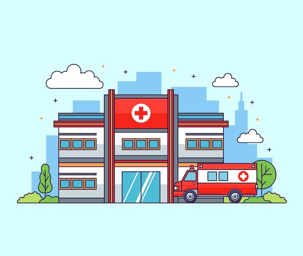 Ziekenhuisgebouwen met ambulance vlak illustratie vectorontwerp