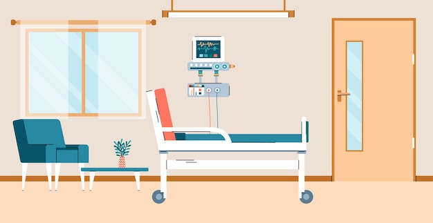 Ziekenhuiskamer met bed en computerapparatuur platte cartoon vectorillustratie