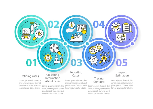 Ziektemonitoring stappen blauwe cirkel infographic sjabloon