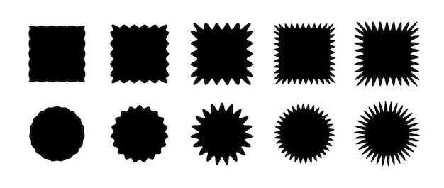Коллекция квадратных и круговых форм Zig zag edge Jagged patches set Черные элементы графического дизайна