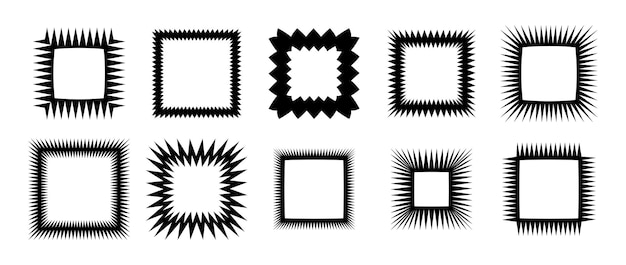 Коллекция квадратных рамок Zig zag edge Сценарий с острыми формами Черные элементы графического дизайна для декорации