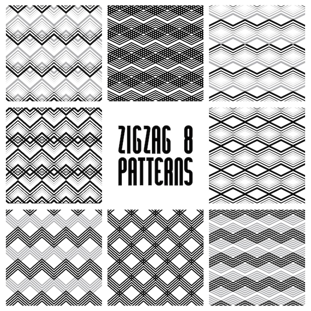 Zig zag zwart-wit geometrische naadloze patronen set, vector achtergronden collectie