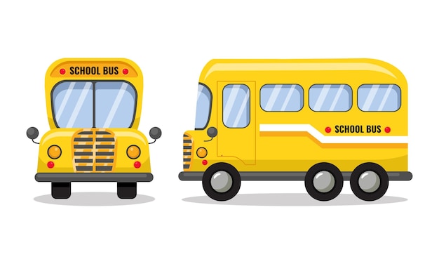 Zij- en vooraanzicht van de schoolbus platte vector cartoon design