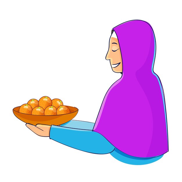 Zijaanzicht van islamitische vrouw met Laddu zoete ballen plaat op witte achtergrond