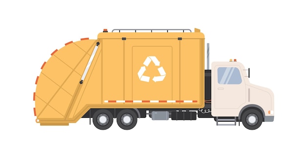 Vector zijaanzicht van vuilniswagen met recycle teken voor afvalverwijdering. gele vrachtwagen met vuilnisbak en hefbak voor afvalinzameling. gekleurde platte vectorillustratie geïsoleerd op een witte achtergrond.