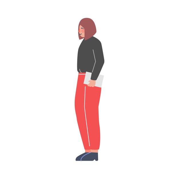 Zijkant van jonge vrouw die staat en aandachtig luistert Vectorillustratie op witte achtergrond