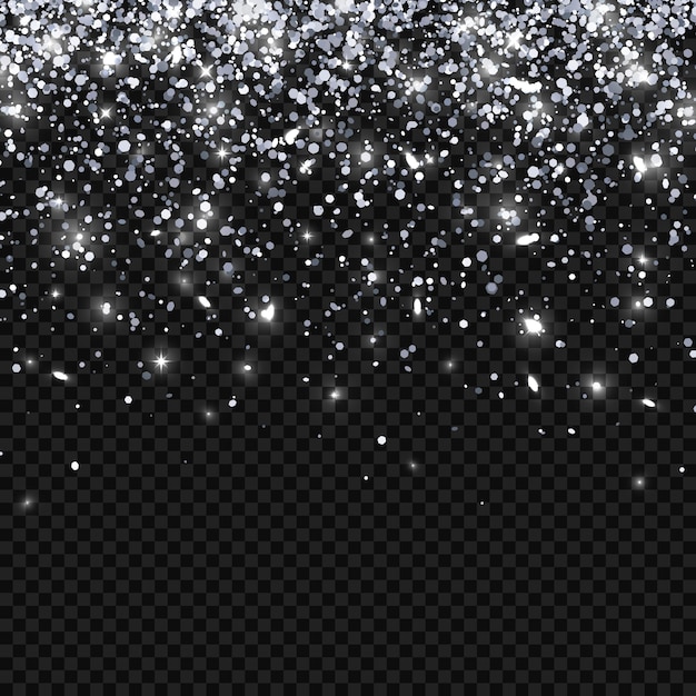 Zilver glitter op donkere transparante achtergrond, vallende deeltjes. vector illustratie
