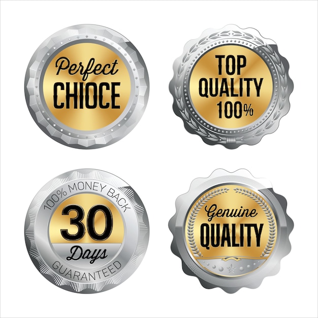 Vector zilveren en gouden badges. set van vier. perfecte keuze, topkwaliteit 100%, 30 dagen geld terug, echte kwaliteit.