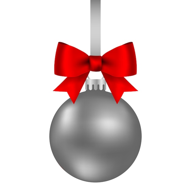 Vector zilveren kerstbal op een lint met een prachtige boog geïsoleerd op een witte achtergrond