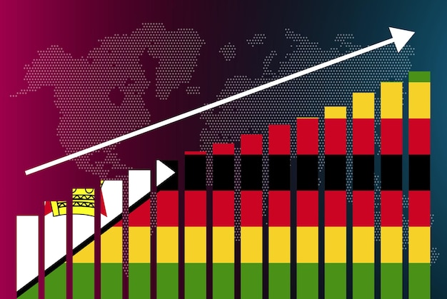 Grafico a barre dello zimbabwe, valori crescenti, concetto di statistiche nazionali, bandiera del paese dello zimbabwe su ba