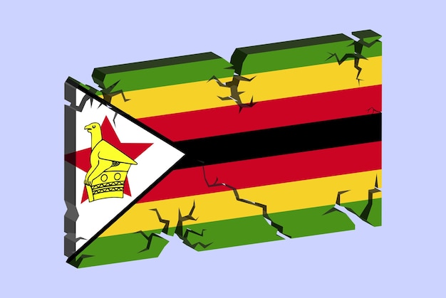 Vettore bandiera dello zimbabwe sul modello di frattura del vettore della parete incrinata 3d con il concetto di problemi di struttura incrinata