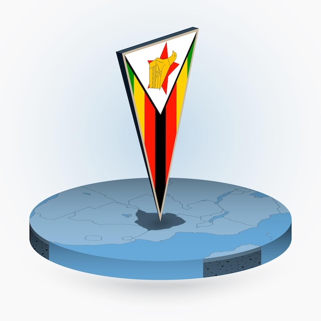 Zimbabwe map in round isometric style with triangular 3D flag of Zimbabwe