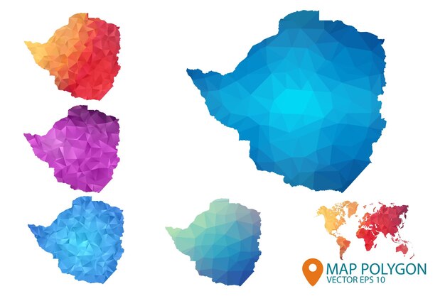 Vector zimbabwe map set of geometric rumpled triangular low poly style gradient graphic background