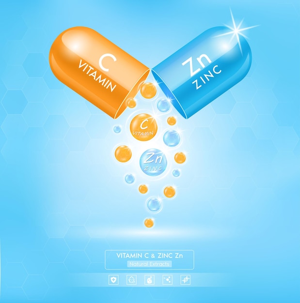 Zinc zn blue and orange vitamin c with capsule solution serum