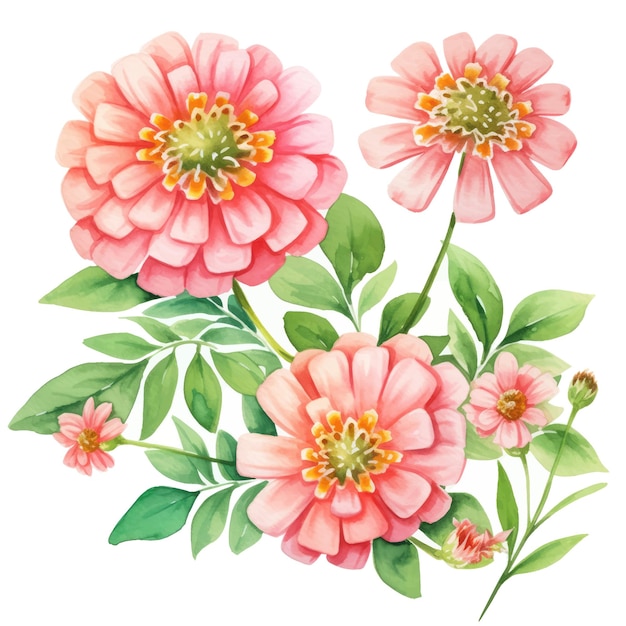 Vector zinnia aquarel bloemen en blad assortiment vectorset