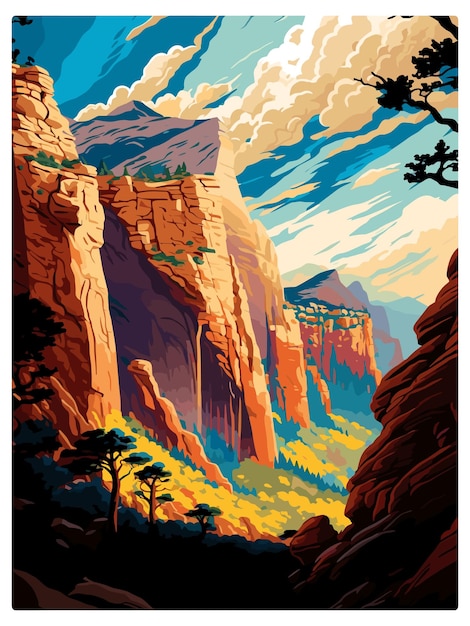 Zion National Park Angels Landing Arizona Vintage Travel Poster Souvenir Postcard Portrait Painting