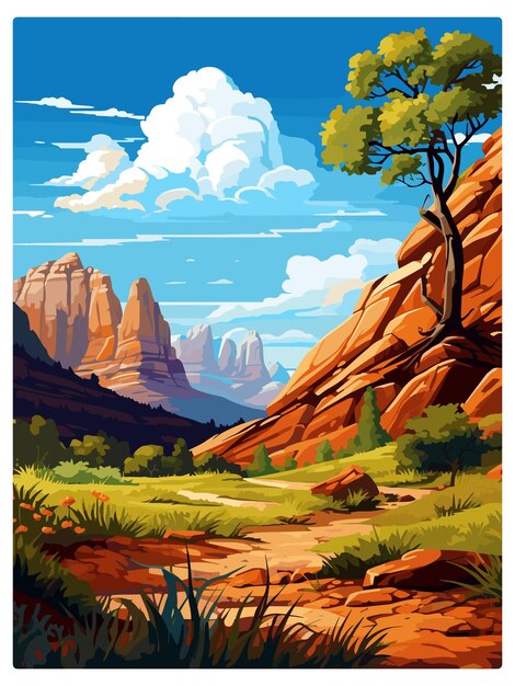 Vector zion national park utah vintage reisposter souvenir briefkaartportret die wpa-illustratie schilderen