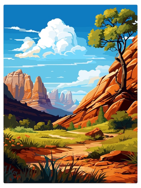 Zion national park utah vintage travel poster souvenir postcard portrait painting wpa illustration