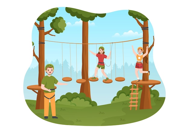 Vector zip line illustration with visitors walking on an obstacle course in forest in cartoon hand drawn