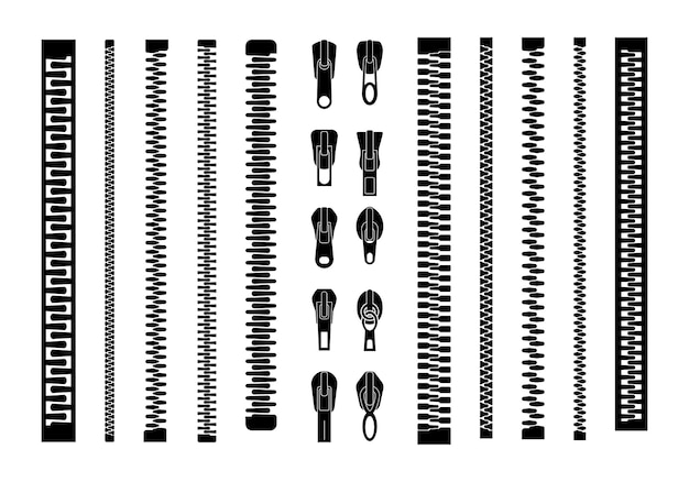 Tiretti della cerniera o tiretti della chiusura lampo, raccolta di riserva nera della serratura della zip isolata su fondo bianco. cerniera chiusa e aperta. set di diversi lampi.