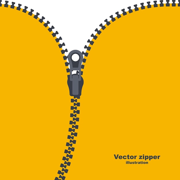 Застежка-молния абстрактный фон. Блокировка и разблокировка шаблона на молнии. Силуэт застежки. Векторная иллюстрация мультяшный дизайн. Плоская иконка на желтом фоне. Открывайте и закрывайте подол вещей.