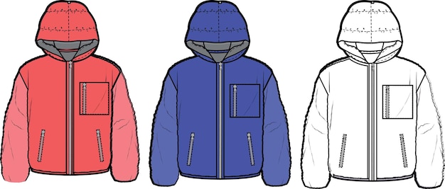 Zipper hoddie flat sketch technical drawing vector illustration template