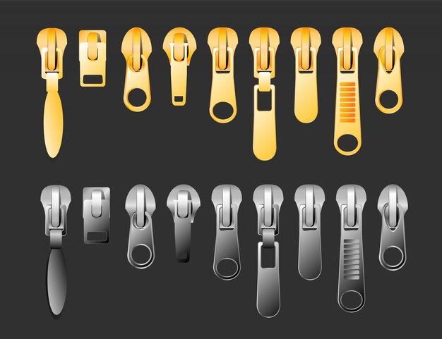 Zipper set of gold and silver metallic closed and open zippers and pullers realistic set isolated on black background  illustration