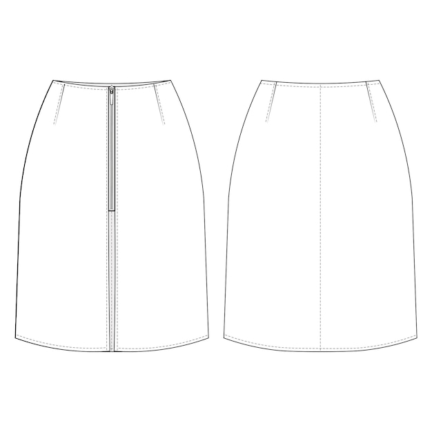 Vector zippered with slits darted a line short skirt template technical drawing flat sketch cad mockup fash