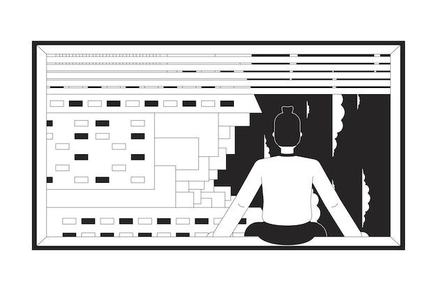 Vector zit op omgekeerd raam man kijken achteruit zwart-wit 2d illustratie concept wolkenkrabbers kijken uit man cartoon contour personage geïsoleerd op wit metafoor monochrome vector kunst